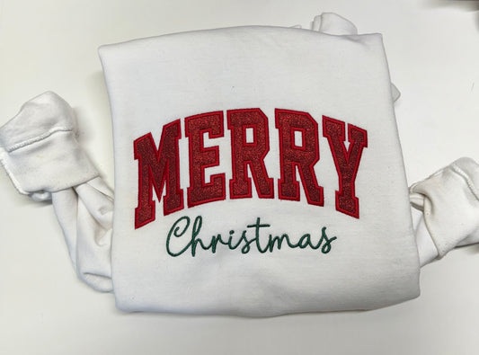 Merry Christmas Sweatshirt - White Long Sleeve Crewneck with Embroidery & Sparkle Design